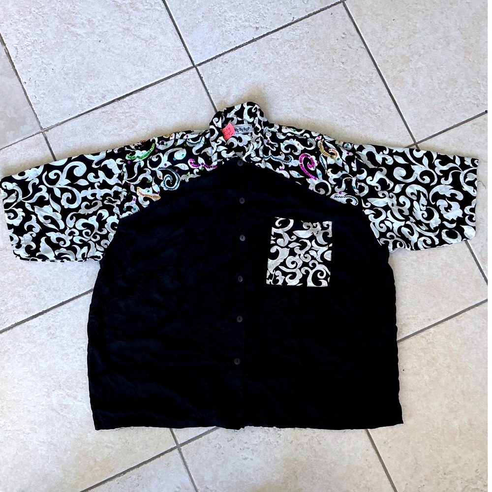 Disco Button Up Shirt Women OS Black White 1980's Sequin Good Embellished Disco